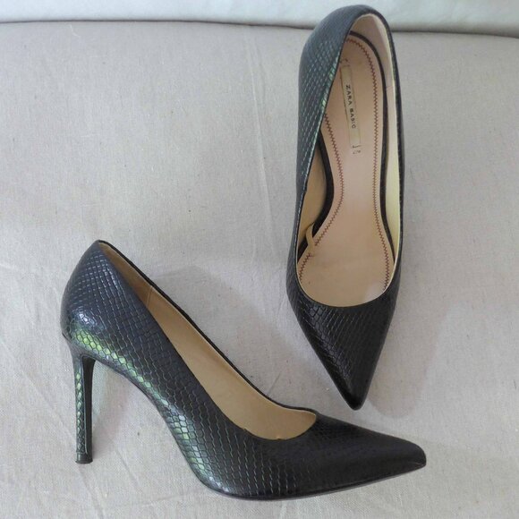 Zara Women 37 Black Faux Python Stiletto Heels - Picture 1 of 12
